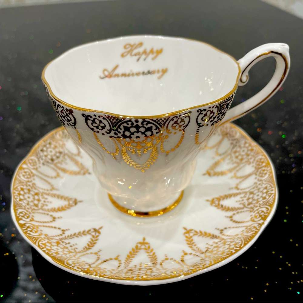 Royal Grafton Tea Cup & Saucer Bone China England. Happy Anniversary. Gold White